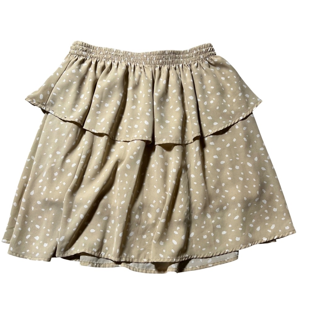 Crescent Tan White Dot Tiered Ruffle Mini Skirt Small CS7022